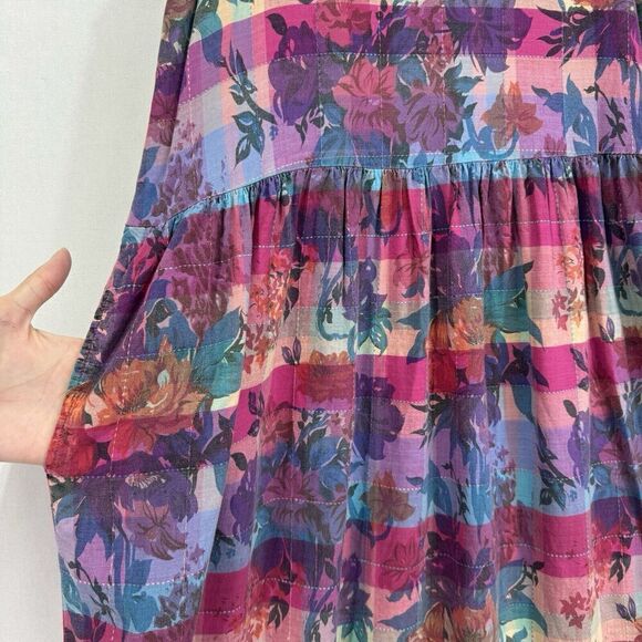 Vintage Floral Checkered Maxi Dress Womens 10 Pink Peasant Cottagecore Hippie - Picture 7 of 16